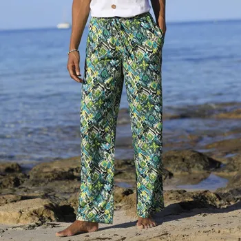 Dámské kalhoty Vzdušné široké kalhoty s pružným pasem a potiskem khaki/smaragdová 52