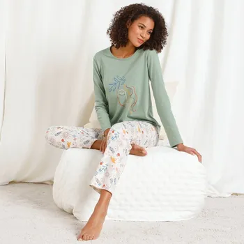 Dámské pyžamo Pyžamo s kalhotami a potiskem art motivu zelená/béžová 34/36