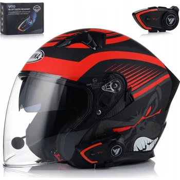 Helma na motorku OTEVŘENÁ MOTOCYKLOVÁ PŘILBA ČERVENÁ MATNÁ SKÚTR CHOPPER + CLONA + INTERKOM