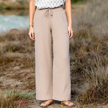 Dámské kalhoty Mušelínové široké kalhoty s vysokým pasem hnědošedá 50