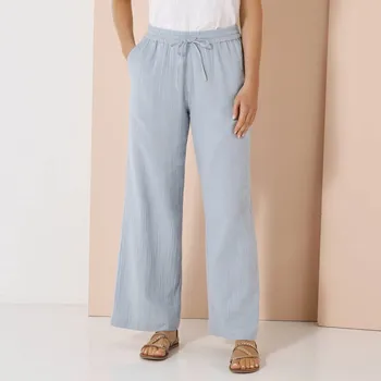 Dámské kalhoty Mušelínové široké kalhoty s vysokým pasem modrošedá 48