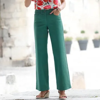 Dámské kalhoty Široké plátěné kalhoty s 5 kapsami zelená 50