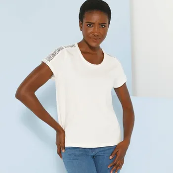 Dámská móda Tričko s kulatým výstřihem a krajkou režná 38/40