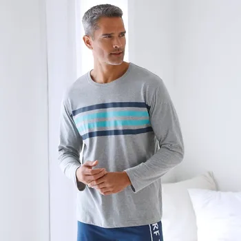 Pánské pyžamo Pyžamové tričko s dlouhými rukávy a pruhy šedá/bledě modrá 87/96