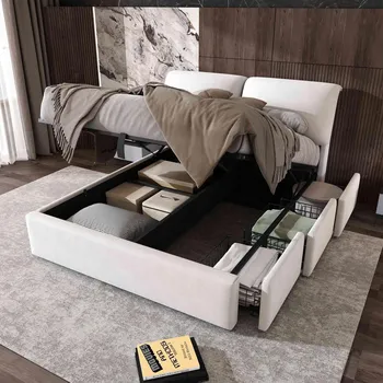 Postel Manželská postel Čalouněná postel s hydraulickým zvedáním a 3 zásuvkami 140x190 Béžová