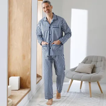 Pánské pyžamo Pruhované pyžamo, bavlněný popelín nám. modrá/režná 137/146 (4XL)