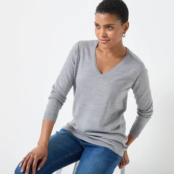 Dámský svetr Pulovr s výstřihem do V šedý melír 38/40
