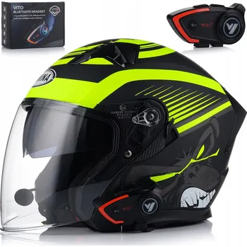 Helma na motorku OTEVŘENÁ MOTOCYKLOVÁ PŘILBA FLUO MATNÁ SKÚTR CHOPPER + CLONA + INTERKOM VITO