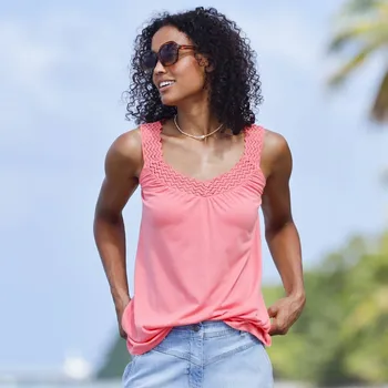 Top s macramé výstřihem a ramínky korálová 42/44