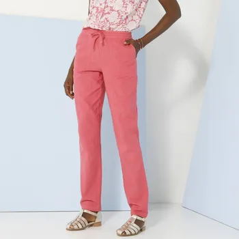 Dámské kalhoty Rovné vzdušné kalhoty, z bavlny a lnu růžová 52