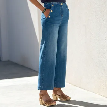 Dámské džíny Džíny do zvonu s vysokým pasem a ozdobnými knoflíky sepraná modrá 38