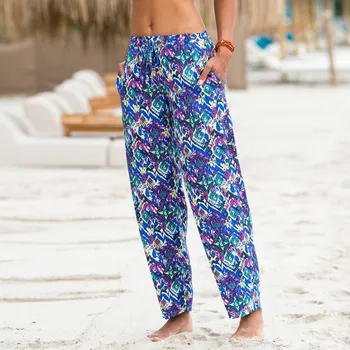 Dámské kalhoty Vzdušné široké kalhoty s pružným pasem a potiskem purpurová/modrá 48