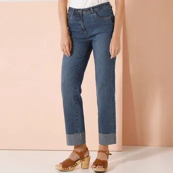 Dámské džíny Rovné 7/8 džíny s ohrnutými nohavicemi a vysokým pasem sepraná modrá 50