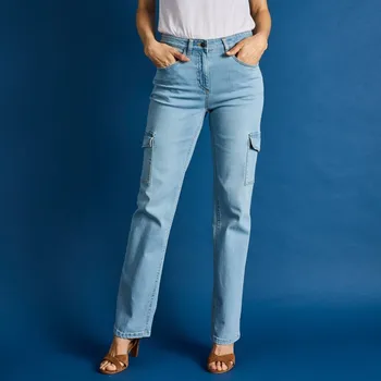 Dámské džíny Cargo rovné strečové džíny sepraná modrá 44