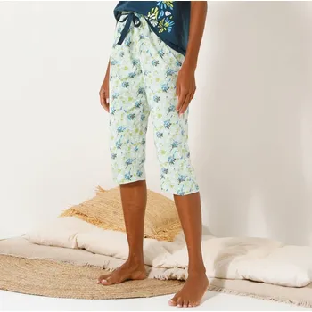 Dámská móda 3/4 pyžamové kalhoty s potiskem okvětních lístků lipová/režná 50