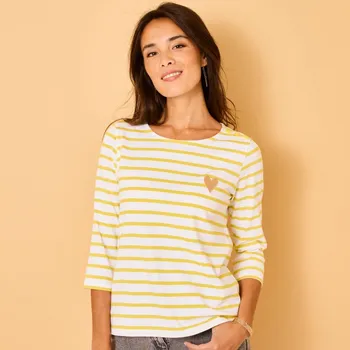 Dámské tričko Pruhované tričko s výšivkou srdce, bio bavlna bílá/anýzová 52