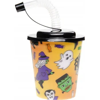 Plastový hrnek s brčkem a víčkem Halloween 3D trojrozměrný