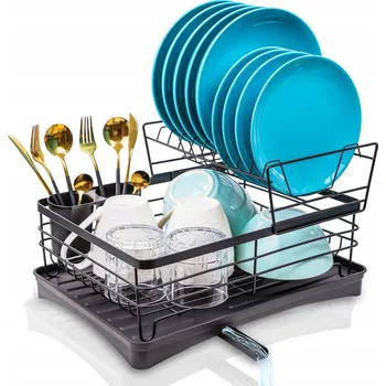 Odkapávač na nádobí Dvoupatrový odkapávač na nádobí kovový černý s odtokem a nádobkou na příbory