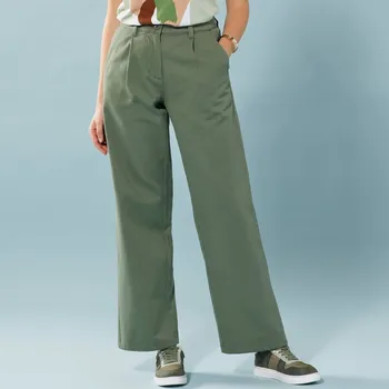 Keprové široké kalhoty pro menší postavu zelená 50