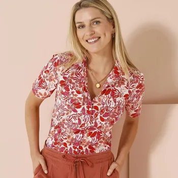 Dámská košile Košile s krátkými rukávy a potiskem květy bílá/broskvová 48