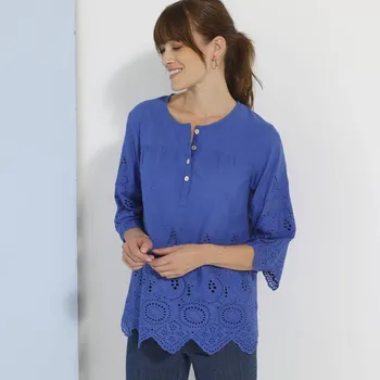 Dámská halenka Madeirová halenka s kulatým výstřihem na knoflíčky a 3/4 rukávy tmavě modrá 42