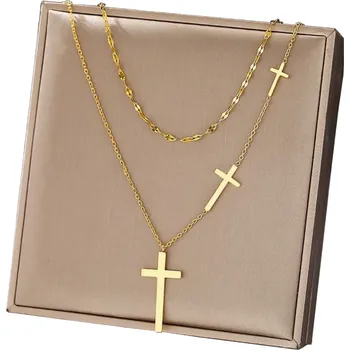 Náhrdelník Camerazar Zlatý dvojitý jemný náhrdelník s křížky z chirurgické oceli elegantní design