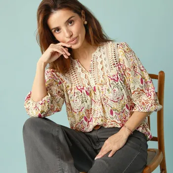 Dámská halenka Halenka s macramé, pro malou postavu khaki/purpurová 40