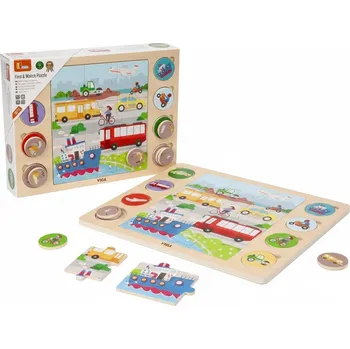 Dřevěná hračka DŘEVĚNÁ SKLÁDAČKA MONTESSORI HLEDEJ STÍN VOZIDLA 2V1 17 KS VZDĚLÁVÁNÍ 18M+