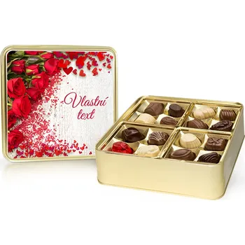 Bonboniéra Selllot, s.r.o., K Hájům 34, 155 00 Praha 5 - Vyrobeno v Belgii Srdce – výběr belgických pralinek 400 g v plechové dóze (s vlastním textem)