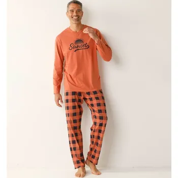 Pánské pyžamo Kostkované bavlněné pyžamo s dlouhými rukávy a kalhotami meruňková 87/96