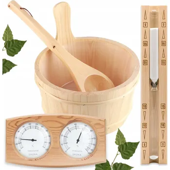 Sada příslušenství do sauny 4 ks – vědro, naběračka, přesýpací hodiny, teploměr – borovice