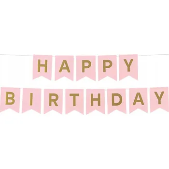 Girlanda - banner k narozeninám HAPPY BIRTHDAY, RŮŽOVÉ vlaječky, dekorace