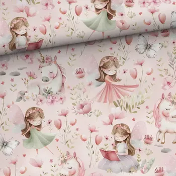 Úplet Růžová zahrada, víly, jednorožci (E) (Hebké bavlněné úplety s elastanem )