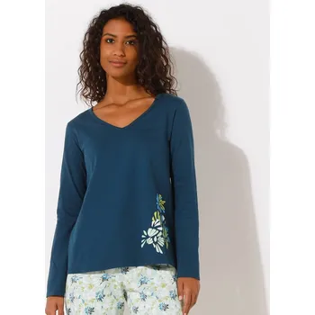 Dámské pyžamo Pyžamové tričko s dlouhými rukávy a středovým potiskem okvětních lístků tmavě modrá 46/48