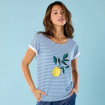 Dámské tričko Proužkované tričko s krátkými rukávy a potiskem, pro menší postavu bílá/modrá 52