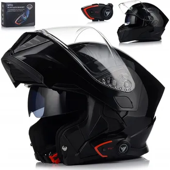 Helma na motorku MOTOCYKLOVÁ PŘILBA VÝKLOPNÁ ČERNÁ LESKLÁ FLIP UP 22.06 + SLUNEČNÍ CLONA + INTERKOM