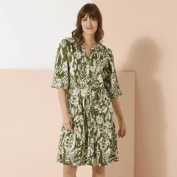 Dámské šaty Rozšířené volánové šaty s etno potiskem zelená/režná 40