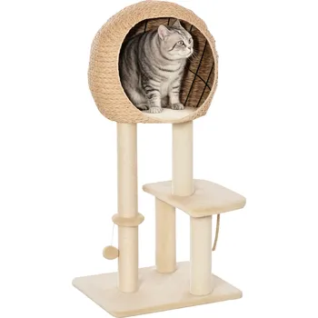 Pelíšek pro kočku Škrabadlo PawHut 100 cm věž pro kočky s jeskyní, míč na hraní, sisalové sloupky, plošina, vícepatrové škrabadlo pro kočky, šplhací strom, pro středně velké kočky, béžová barva
