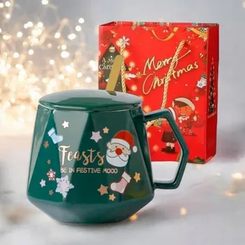 VÁNOČNÍ HRNEK - sada v krabičce s víčkem a lžičkou 225ml, zelený KB