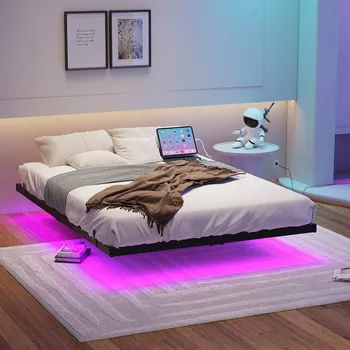 Postel Závěsná postel Jednolůžko Čalouněná postel LED 140x200 CM černá