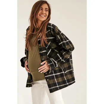 Těhotenská móda Teplá, flanelová těhotenská košile – černo‑khaki kostkovaná, oversize Velikost: L/XL