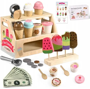 Dřevěná hračka BAREVNÁ DŘEVĚNÁ ZMRZLINOVÁ PRODEJNA SADA NA VÝROBU A PRODEJ ZMRZLINY + MINCE