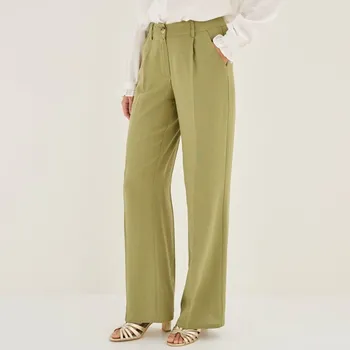 Dámské kalhoty Široké vzdušné kalhoty, příměs lnu zelená 52