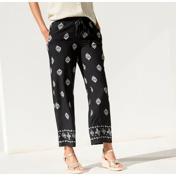 Dámské kalhoty Široké kalhoty s vysokým pasem z viskózy s potiskem černá/režná 48