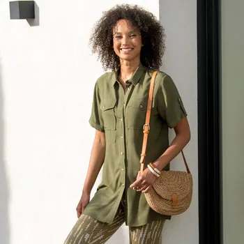 Dámské tričko Košilová tunika s krátkými rukávy a kapsami khaki 42