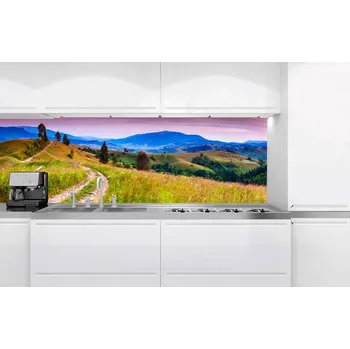 DIMEX | Fototapeta do kuchyně Příroda s červánky KI-180-082 | 180 x 60 cm | zelená, modrá, růžová + Samolepicí fototapeta za kuchyňskou linku DIMEX Příroda s červánky v šíři 180 cm