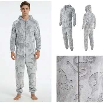 Pánský overall Plyšový domácí overal šedý se zipem a kapucí motiv halloween Velikost: S Hebký; Huňatý