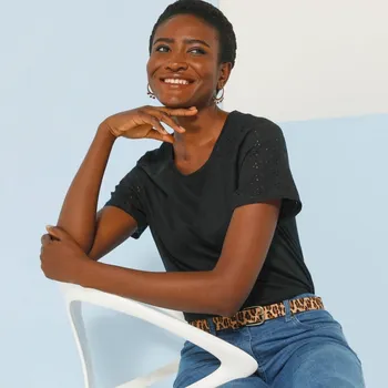 Dámské tričko Tričko s kulatým výstřihem, krátkými rukávy a madeirou černá 42/44