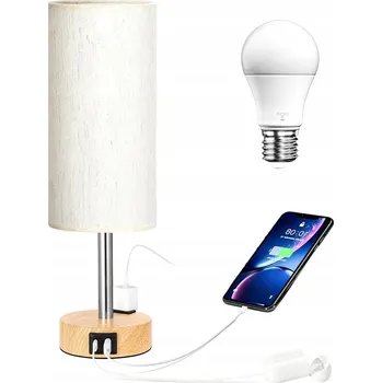 Lampička KOVOVÁ NOČNÍ LAMPA STOLNÍ E27 NABÍJEČKA USB-C+A NA DŘEVĚNÉ ZÁKLADNĚ