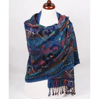 Šála Šála z merino vlny s vyšíváním mnohobarevná s modrou